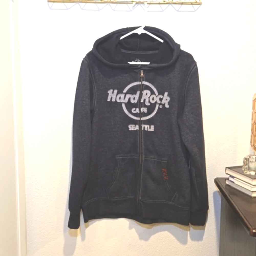 Hard Rock Café Seattle Zip Up Hoodie Medium Navy Blue